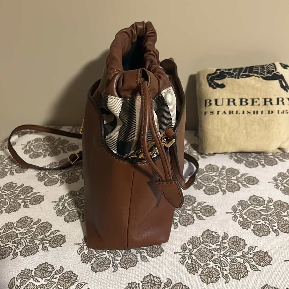 Burberry Brown Leather Drawstring Crossbody with Check Trim - Picture 5 of 16